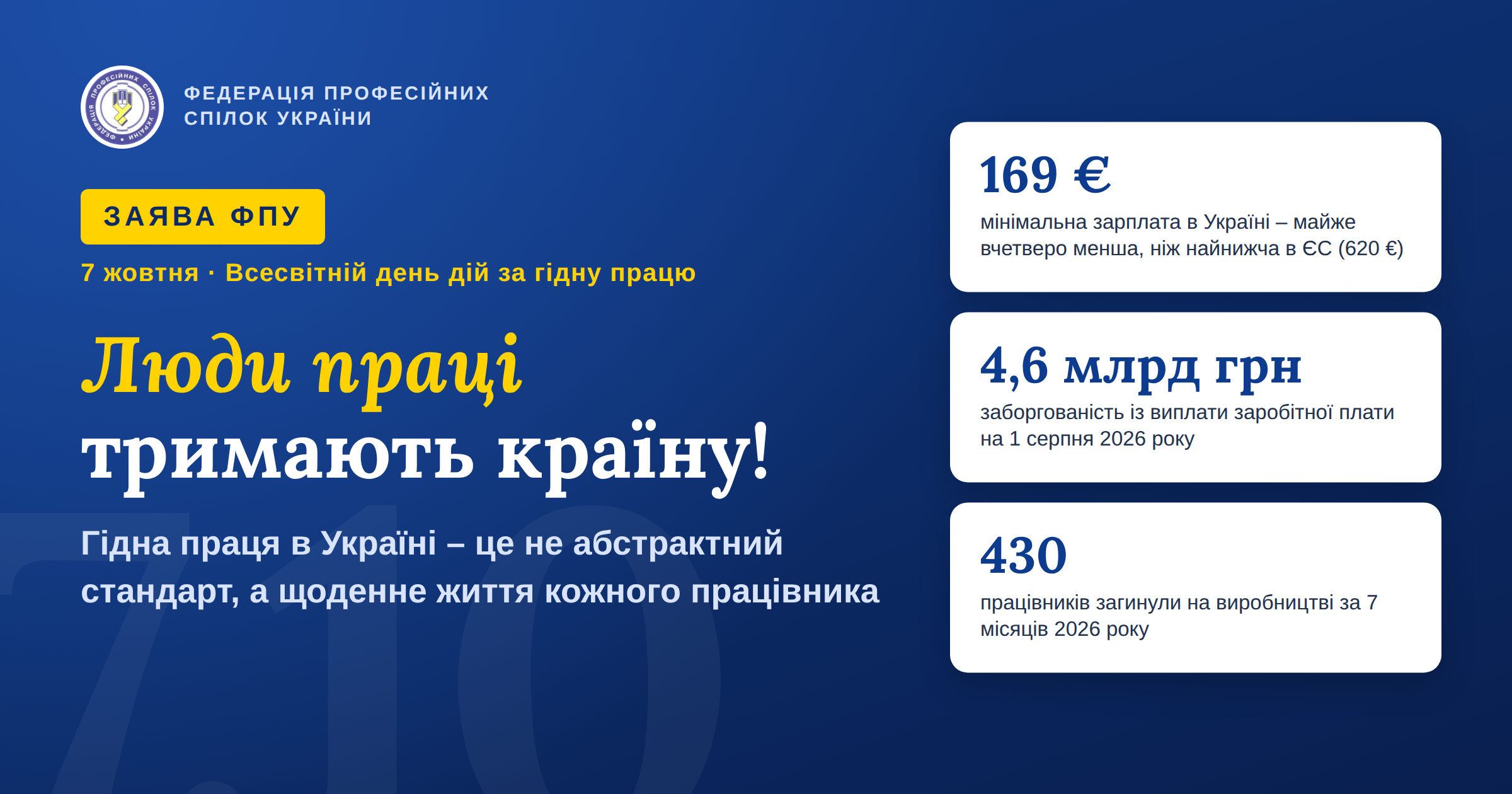 Заява ФПУ до Всесвітнього дня дій за гідну працю “Люди праці тримають країну!”